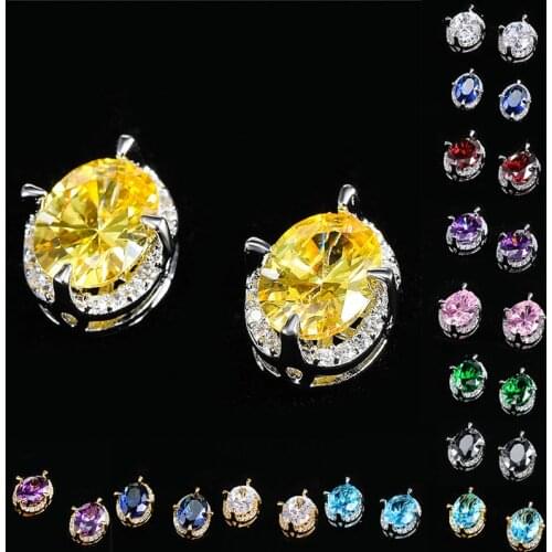 Cute Female Rainbow Crystal jewelry Charm Gold Silver Color Small Stud Earrings Luxury Oval Zircon Wedding Earrings For Women