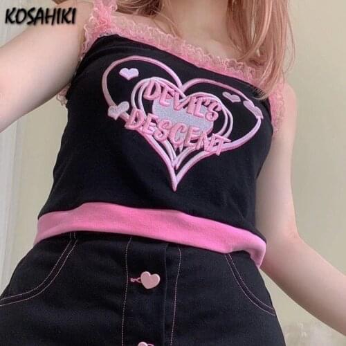 KOSAHIKI Gothic Aesthetic Kawaii Heart Print Tank Tops Harajuku Women Y2k Cropped Graphic Print Slim Top 2021 Summer T-shirts