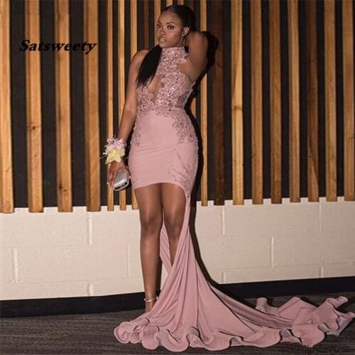 Pink High Neck Appliques Beaded Mermaid High Low Prom Dress Party Long 2020 vestidos de gala New Arrival African Evening Dresses