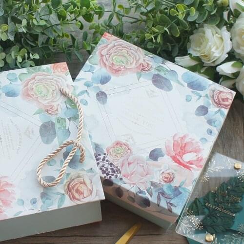 18.5*18.5*6cm 3set Watercolor Blue Rose Gold Thank You Design Paper Box + Bag As Baby Shower Birthday Wedding Gift Packaging Use