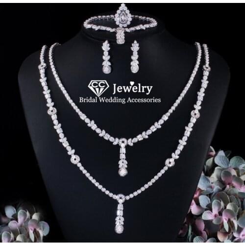 CC Women Jewelry Sets Wedding Accessories Necklace Stud Earrings Ring Bracelet 4pcs Set Silver Formal Occasions Jewellery T0190