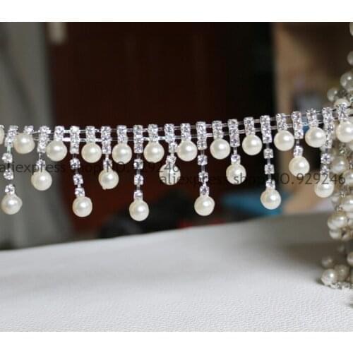 Free shipping 1 yard/lot fashion bridal pearl tassel trimmings dangle crystal metal chain for wedding dress headwear decoration