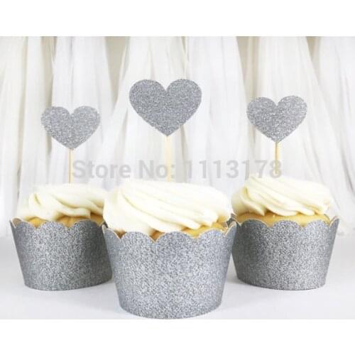 Free shipping cupcake wrapper Laser-Cut Cupcake Wrappers Birthday Party holders with Silver Glitter Cupcake Toppers Supplies