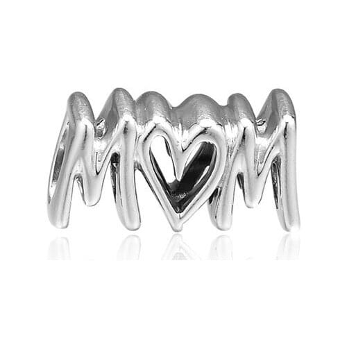 925 silver Beads Mom Script Charm Fits Beaded Snake Chain Bracelets Fashion Female DIY Sterling Silver Beads