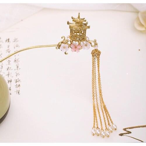FORSEVEN Gold Color Long Tassel Flower Pearls Hairpins Hair Fork Sticks Headpieces Chinese Wedding Hair Jewelry Accessories