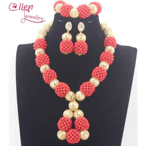 Elegant Women African Coral Beads Necklace Jewelry Set Chunky Coral Pendant Necklace Earrings Set Beads for Wedding E0091