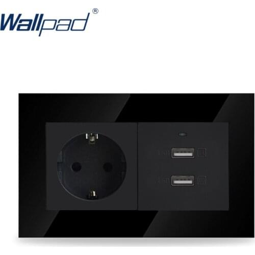 Wallpad Luxury 16A EU Socket + Dual USB Black Crystal Glass Electrical 16A European Wall Socket Outlet and Dual 2.1A USB Ports
