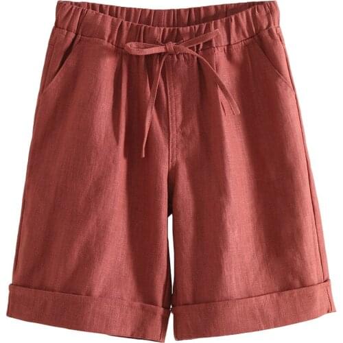 Cotton Linen Elastic High Waist Shorts Female Summer Capris Lace Up Leisure Comfortable Straight Knee Length Pants Big Size 4XL