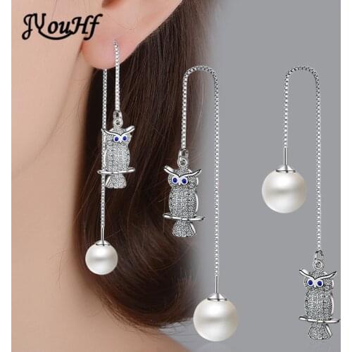 JYouHF Fashion Pearl Earrings for Women Exquisite Owl Animal with Cubic Zircon Long Chain Drop Earrings Jewelry Bijoux Femme