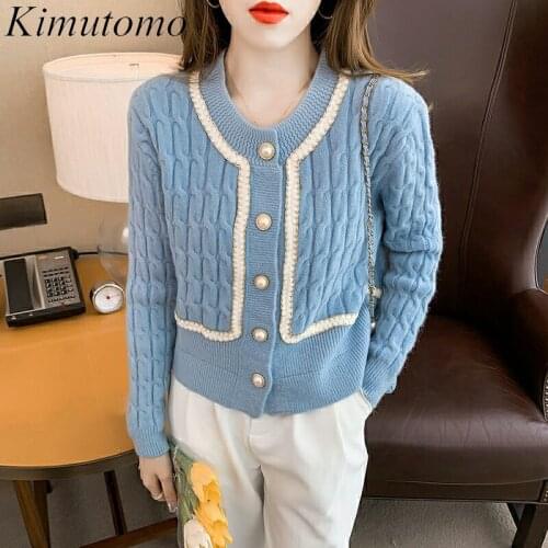 Kimutomo Hemp Pattern Cardigan Women 2021 Autumn Korean Style Female O-neck Single Breasted Long Sleeve Knitted Sweater Elegant