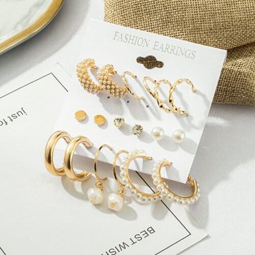 Womens Fashion Pearl Hoop Golden Ladies Set Earrings Geometric Metal Hoop Dangle EarringsTrend 2021Hot Selling Jewelry Gifts