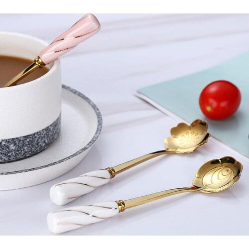 Kitchen Dessert Spoon Stainless Steel Coffee Milk Spoon With Ceramic Long Handle Spoon Gold-plated Dessert Spoon