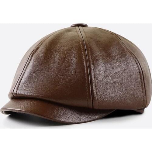 Retro Octagonal Genuine Leather Hat Autumn Mens Cowhide Leather Beret Elegant Fashion Student Tongue Cap Snapback Caps For Men