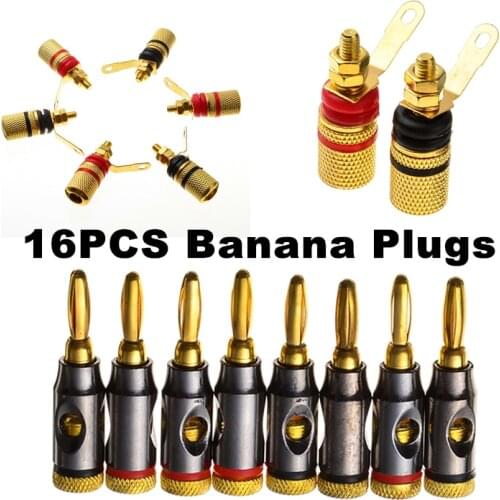 16 pcs Red+Black 24k Gold Plated Banana Plugs Set Audio Speaker Terminal Binding Posts Connectors Amplifier Adapters