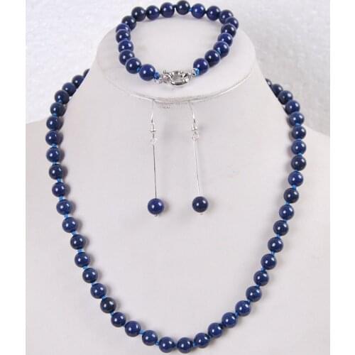 Charming! New free shipping 8mm Egyptian Lapis Lazuli Round Beads stone chain strand Necklace Bracelet Earrings Set BV452