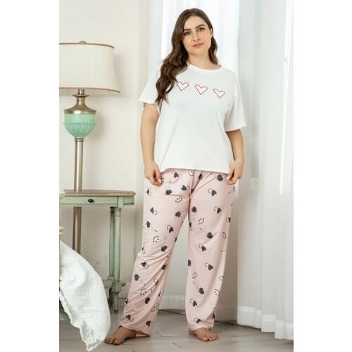 Pajamas For Women 2021 Love Solid Color Pattern Round Neck Leisure Home Plus Size 4XL Sleep Short Sleeve And Ankle Loose