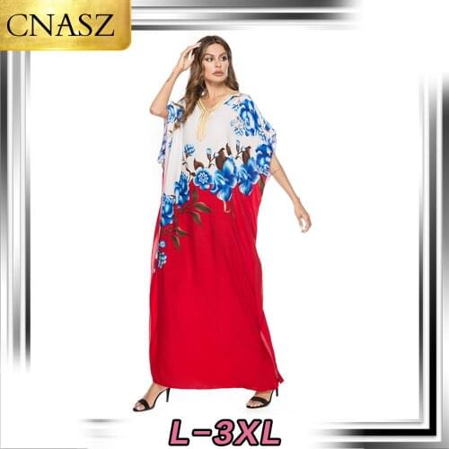 Latest Muslim Dress Islamic Turkey Bohemian V-Neck Ribbon Embroidered Print Dress Arabic Dubai Clothing Middle East Kaftan Women