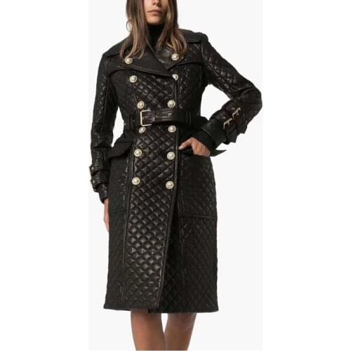 Coat Women Spring Casual Long Genuine Leather Jacket Winter Fillers Cotton Turn-Down Collar Outerwear Diamond Grid Pattern