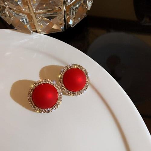 Red Color Geometric Round Rhinestone Imitation Pearl Stud Earrings For Women Temperament Red Brincos Earring Girls Party Jewelry