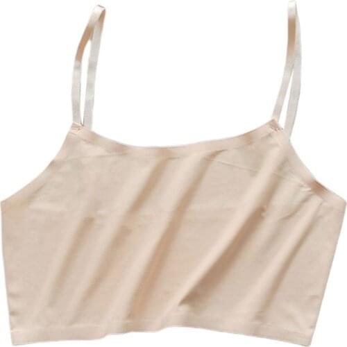 Women Girls Summer Ice Silk Crop Top Spaghetti Strap Seamless Bralette Solid Color Wire Free Basic Stretch Camisole Vest