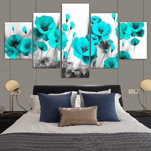 5 pieces canvas painting blue poppy flower Picture wall art canvas posters wall art Painting home decoration picture