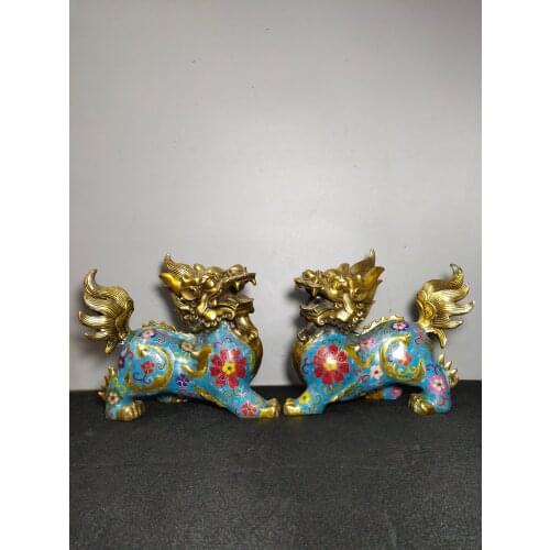 8" Tibet Buddhism Old Bronze Cloisonne Enamel Nagao Lion statue A pair Lucky Fire Kirin Ward off evil spirits Town House