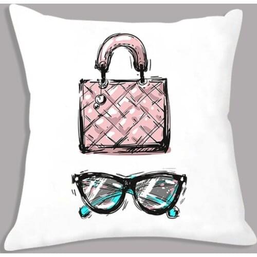 White Cushion Modern Fashion Perfume Lipstick Bag Glasses Poster Print Cushion Cover Soft Throw Pillow Case 45x45cm for Sofa