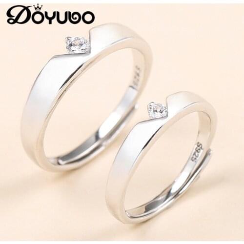 DOYUBO Romantic V Shape Sterling Silver Lovers Ring For Men & Women Cubic Zirconia Couples Rings For Wedding Fine Jewelry VB359