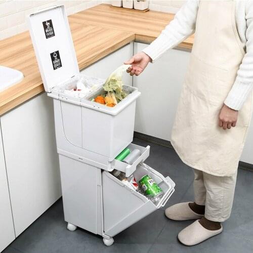 Double Layer Trash Can Classified with Pulleys Large Capacity Kitchen Trash Can with Lid Rangement Cuisine Home Products DG50WS