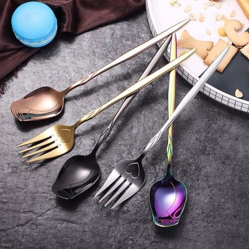 Creative Rose Flower Spoon Fork Stainless Steel Coffee Tea Honey Scoop Dessert Cake Fruit Salad Fork Kitchen Dinnerware