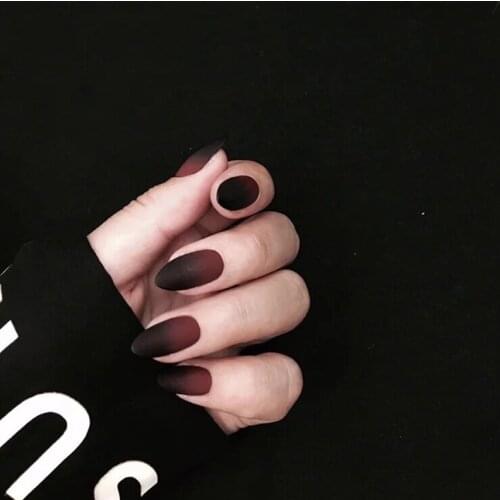 Matte gradual black and red pure color false nails 24pcs Gothic middle-long size lafy full nail tips cute decorated fake nails
