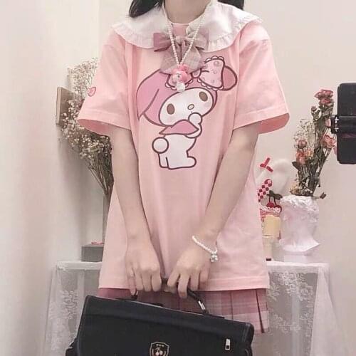 Girly Cute T-shirt Harajuku Kawaii Short-sleeved T-shirt Female Pink Cartoon Cute Japanese Doll Top Girl Loose Thin Summer Soft