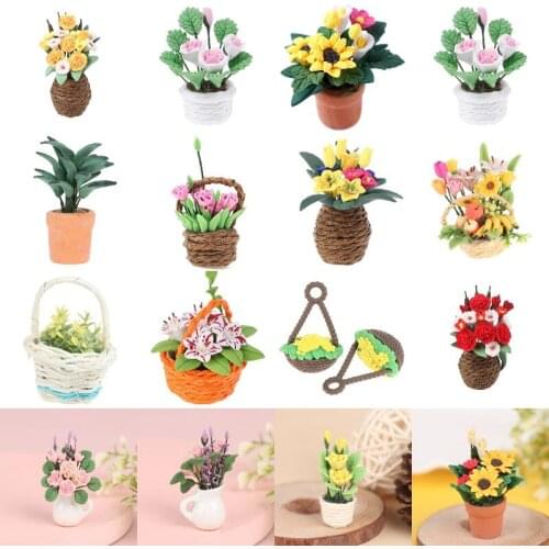 Different Styles 1:12 Dollhouse Miniature Flowers Mini Potted Plant Flower Pot DollHouse Decor Bonsai Model Garden Home Ornament