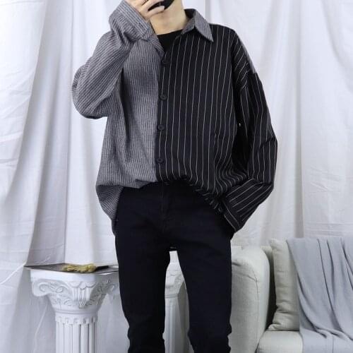 Spring 2021 new double color loose Korean vertical stripe Long Sleeve Shirt Mens