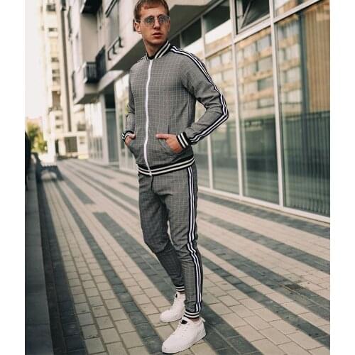 2021 New Mens Tracksuits Plaid Casual Zipper Jacket Suit Spring Autumn Fashion Male Sweatshirt Clothes For Men