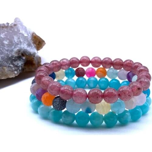 8 mm Stone Beads Bracelet Sets Strawberry Amazonite Frosted Agates Beaded Wrist Men Women Natural Bangle Elastic Drop Shipping
