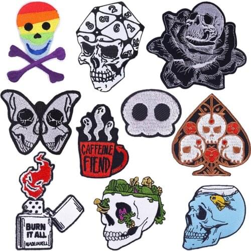 Punk Skull Patch Biker Embroedered Patches For Clothes Hippie Badge Stickers Iron On Patches For Clothing Rock Applique Patch