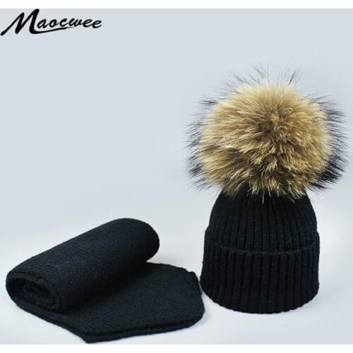Autumn Winter Women Men Fur Pompom Beanie Hat and Scarf Set Girl Baby Warm Wool Knitting Hats Scarves Solid Black Pink Navy Hat