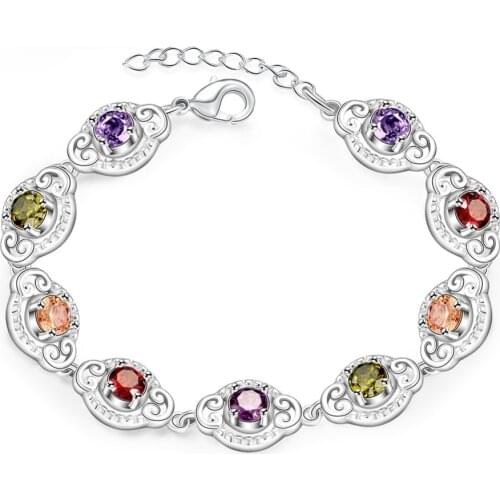 Silver Plated Colorful Zircon Bracelet Luxury Boutique Jewelry Charm Lady Party Accessories Girlfriend Birthday Gift