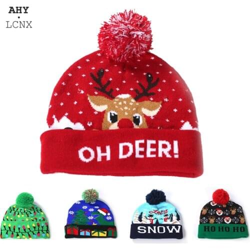 LED Light UP Christmas Hats For Parent-child Baby Hat Kids Beanie Santa Knitted Winter Warm Cap Children Adult New Year Party