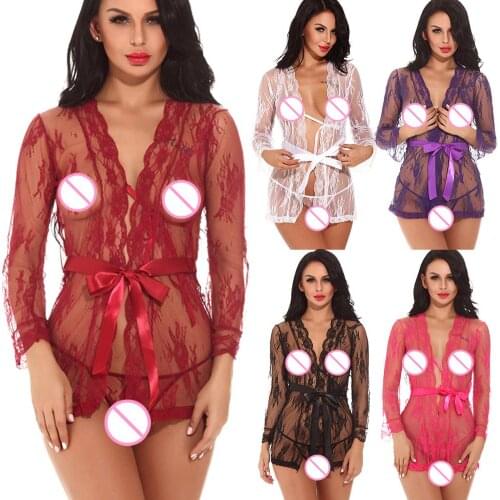 Sexy Lace Women Sleepwear Gray Bandage Night Dress Night Set Sexy Lounge Set See Through Lace Blouse Belt Sleepwear Set