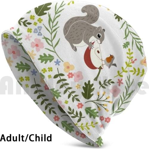 Friendship Squirrel-Robin _ Bgwhite Beanies Knit Hat Hip Hop Friendship Wildlife Squirrel Share Food Robin Erithacus