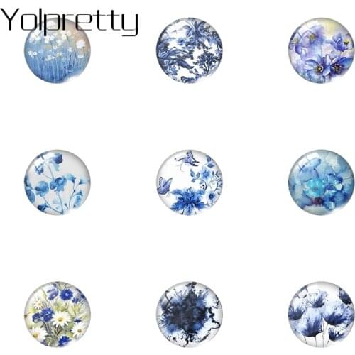 Blue and white flowers Paintings 16mm 20mm 25mm Glass Cabochon Cabochons Accessories Jewelry Findings Making & Components