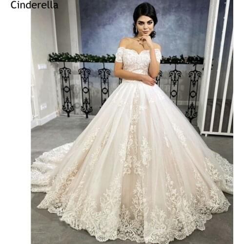 Wedding Dresses Champagne Off The Shoulder Sweep Train A-Line Lace Applique Wedding Dresses With Lace Up Back vestido de noiva