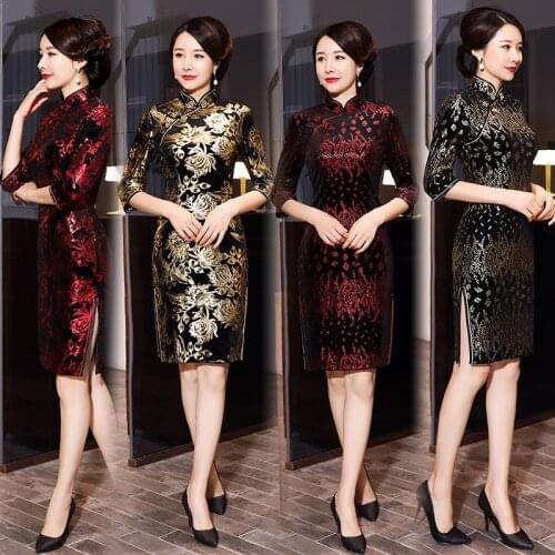 FZSLCYIYI Evening Party Dress Chinese Style Women Velour Qipao Improved Half Sleeve Print Cheongsam Vestidos Oversize 5XL