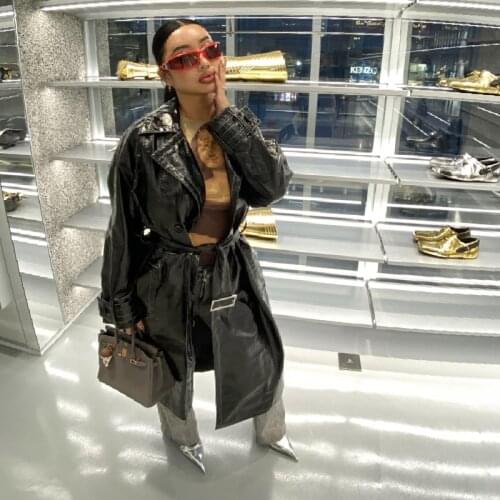 Spring Pleated Black Lacquer Belt Belt Waist Mid-Length Windbreaker Jacket