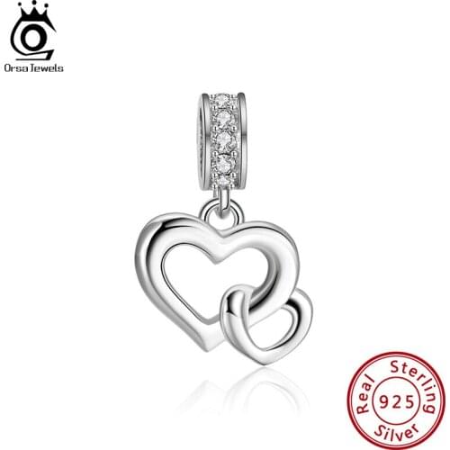 ORSA JEWELS 925 Sterling Silver Double Heart Shape Dangle Charm Fit Bracelets & Bangles DIY Women Jewelry Sweet Gifts CB49