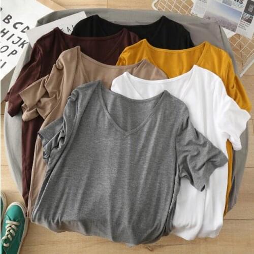 Womens summer t-shirt All-match Loose Thin Solid color V-neck Short sleeve Shirt coat tide