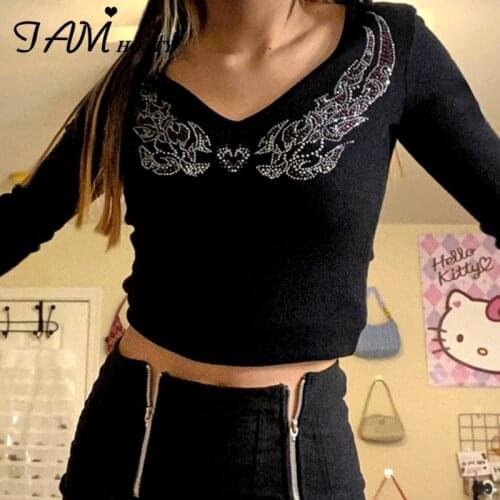 Rhinestone Printed Black Knit T-shirt Women Elegant V-neck Long Sleeve Cropped Top Tee Autumn Pullovers Thin Knitwear Iamhotty