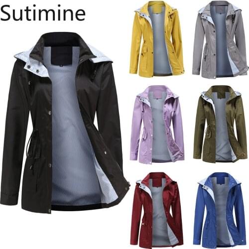 Sutimine 2021 Autumn Womens Detachable Hood Trench Coat Strip Inner Coat Large Size Zipper Plus Button Tie Waist Pockets Trench